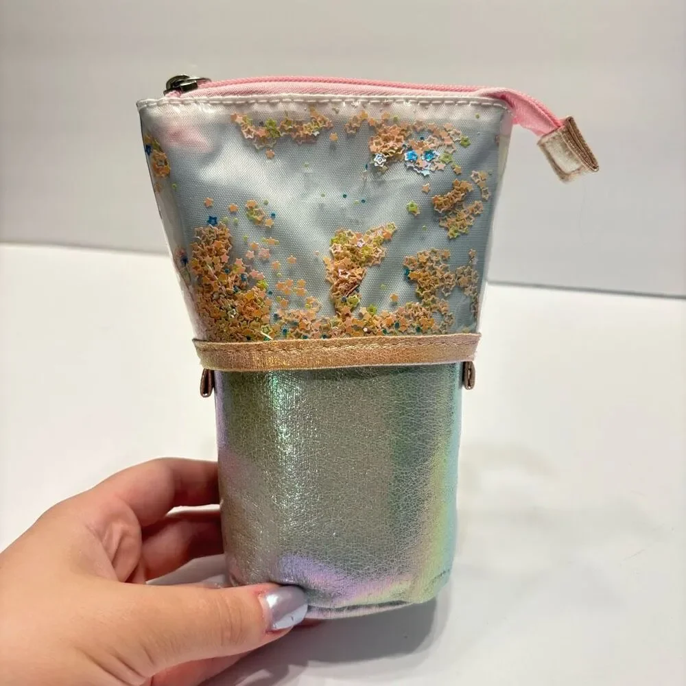 Star Confetti Telescopic Zippered Pencil Pouch Pink Silver